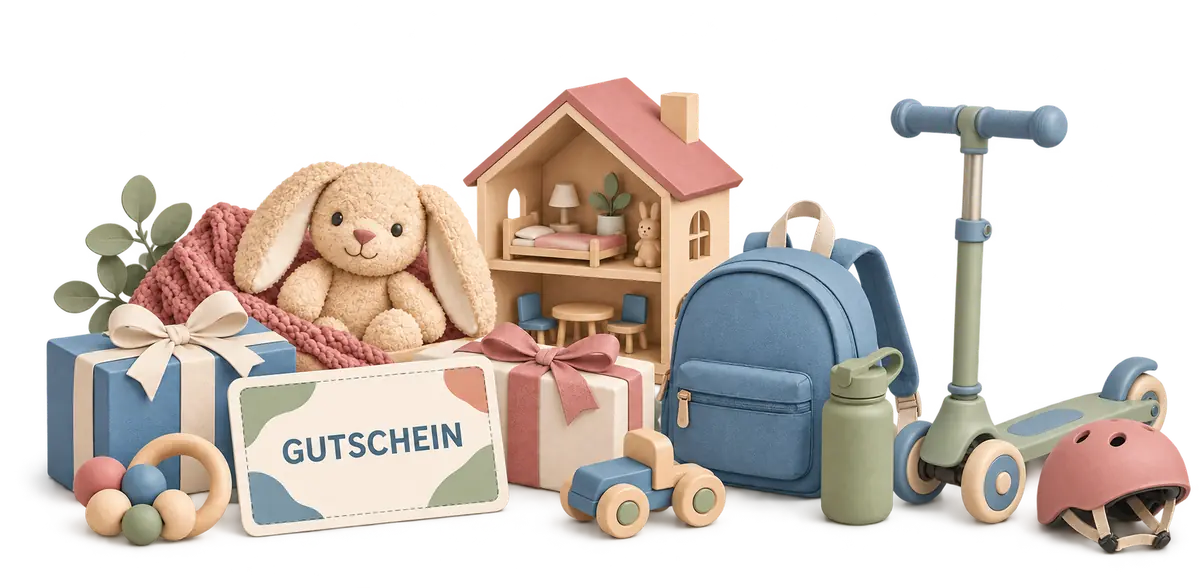 Geschenke im Mittelpunkt · überarbeitet: Gutscheinkarte mit verpackten Geschenken mit Schleifen und ausgepackten Lieblingsstücken für Babys und größere Kinder