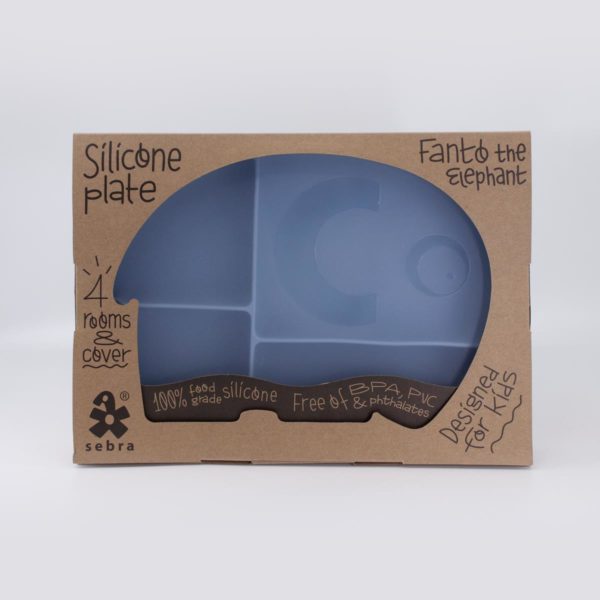 Sebra Silikon Teller mit Deckel, Fanto der Elefant „Powder Blue“ mit Karton