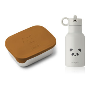 Liewood Joni Lunchbox-Set „Mr. Bear mustard : Panda light grey mix“ inkl. Anker Trinkflasche