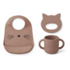 Liewood Carol Geschirr und Lätzchen-Set „Cat dark rose“ aus Silikon, 3er-Set