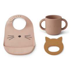 Liewood Carol Geschirr und Lätzchen-Set „Cat rose multi mix“ aus Silikon, 3er-Set