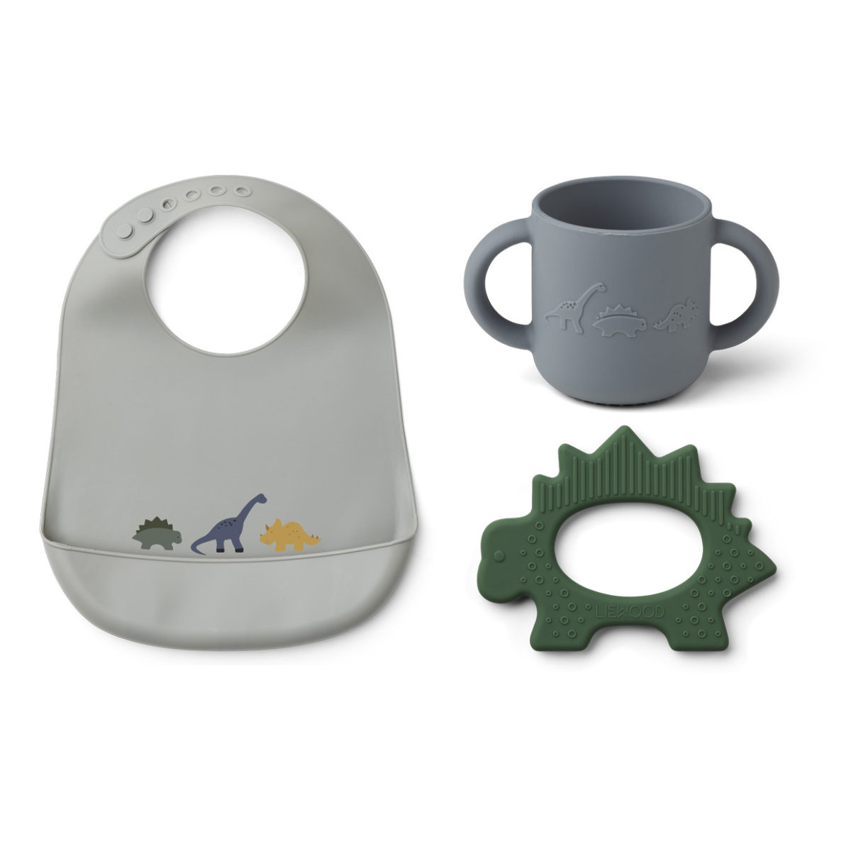 Liewood Carol Geschirr und Lätzchen-Set „Dino blue multi mix“ aus Silikon, 3er-Set