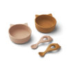 Liewood Evan Silikon Schlüssel-Löffel-Set Baby „Cat mustard : dark rose mix“, 4-teilig 01
