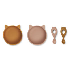 Liewood Evan Silikon Schlüssel-Löffel-Set Baby „Cat mustard : dark rose mix“, 4-teilig 02