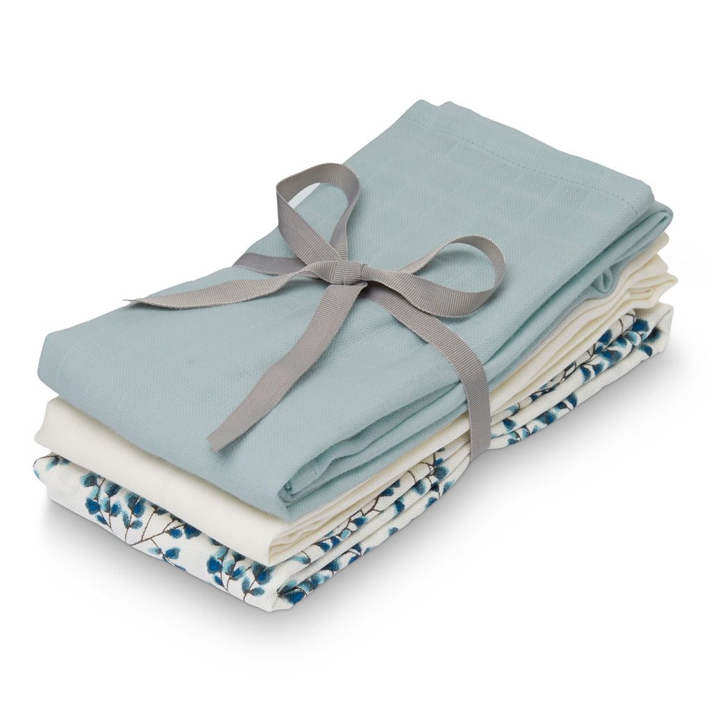 Cam Cam Mulltuch „Fiori, Petroleum, Creme White“, 3er-Set, GOTS, 70x70cm 01