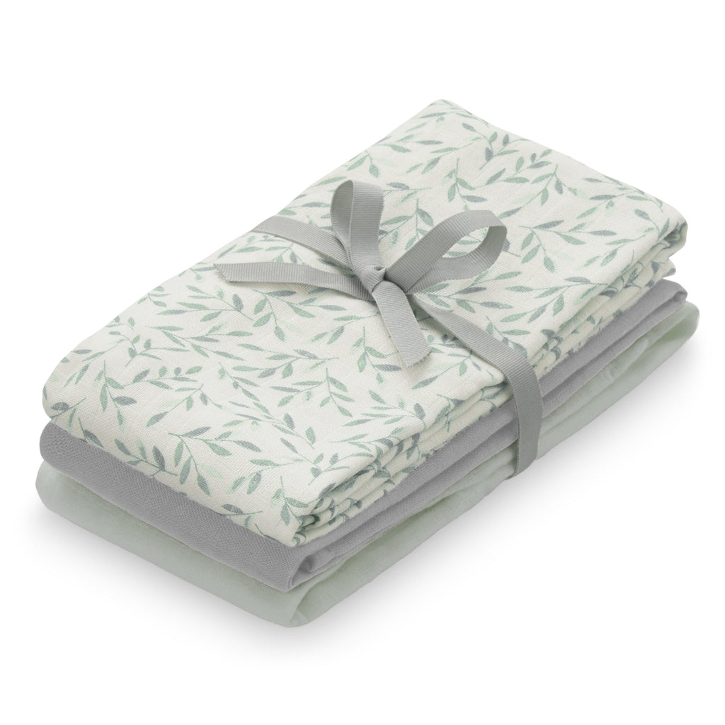 DELISTED Cam Cam Mulltuch „Green Leaves, Dusty Green, Grey“, 3er-Set, GOTS, 70x70cm