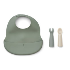 Liewood Aspen Lätzchen & Babybesteck-Set „Dove blue multi mix“, Silikon
