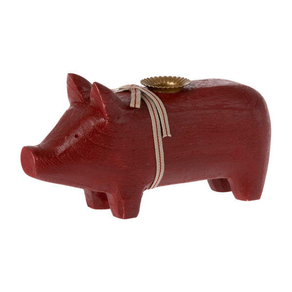 Maileg Holzschwein, roter Kerzenhalter, medium, 2-flammig, 19cm 14-2801-00_01