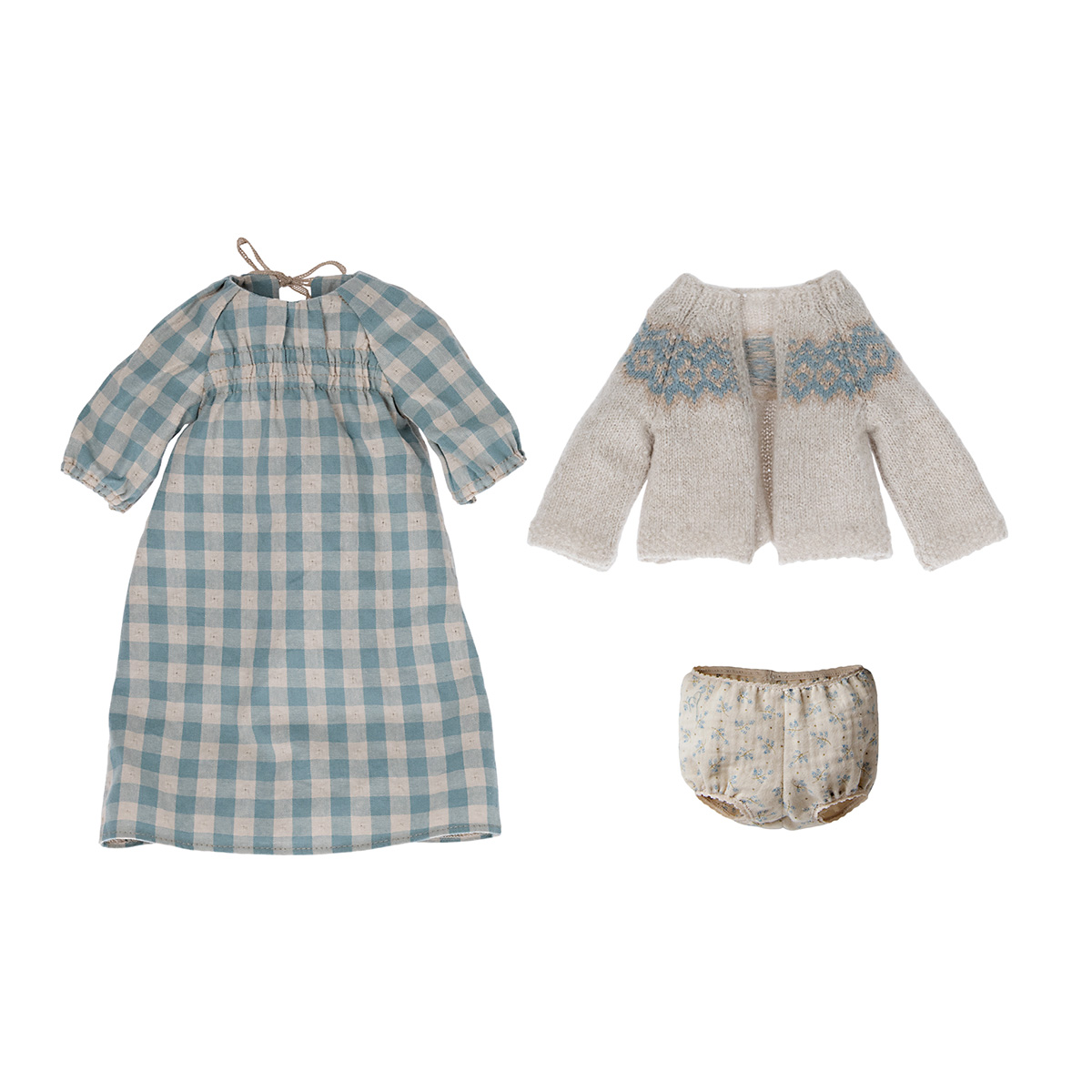 DELISTED Maileg Puppenkleidung kariertes Kleid und Strickjacke für Hasen (Größe 4)