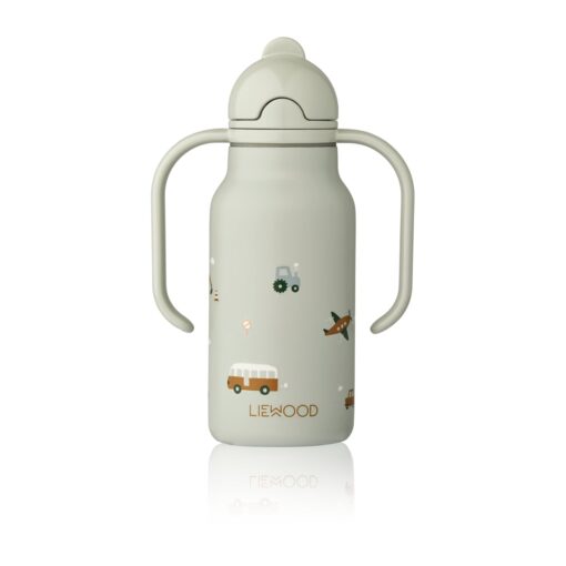 Liewood Edelstahl Trinkflasche Kimmie „Vehicles / Dove blue“ mit Griffen