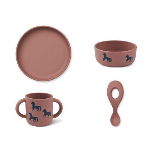 Liewood Vivi Silikon Geschirr-Set „Horses / Dark rosetta“, 4er-Set