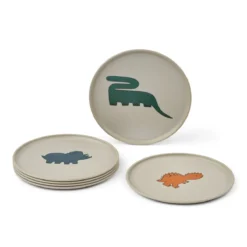 Liewood Kinder-Teller Remco „Dinosaurier / Nebelgrau“ aus PET, 6er-Set