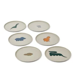 Liewood Kinder-Teller Remco „Dinosaurier / Nebelgrau“ aus PET, 6er-Set