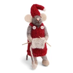 Gry & Sif Weihnachtsmaus „graue Maus / Strickzeug und rotes Kleid“ 12cm
