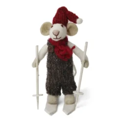 Gry & Sif Weihnachtsmaus „weiße Maus : Ski und braune Hose“ 12cm