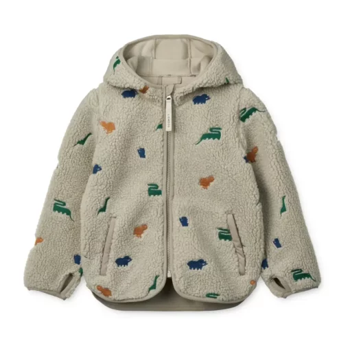 Liewood Mara Sherpa Jacke mit Kapuze „Dinosaur / Nebelgrau embroidery“
