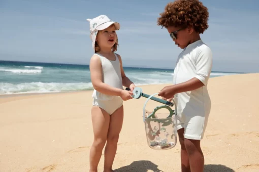 Liewood Max Schwimm-Jumpsuit „Pure sky / Creme de la creme“, Seersucker
