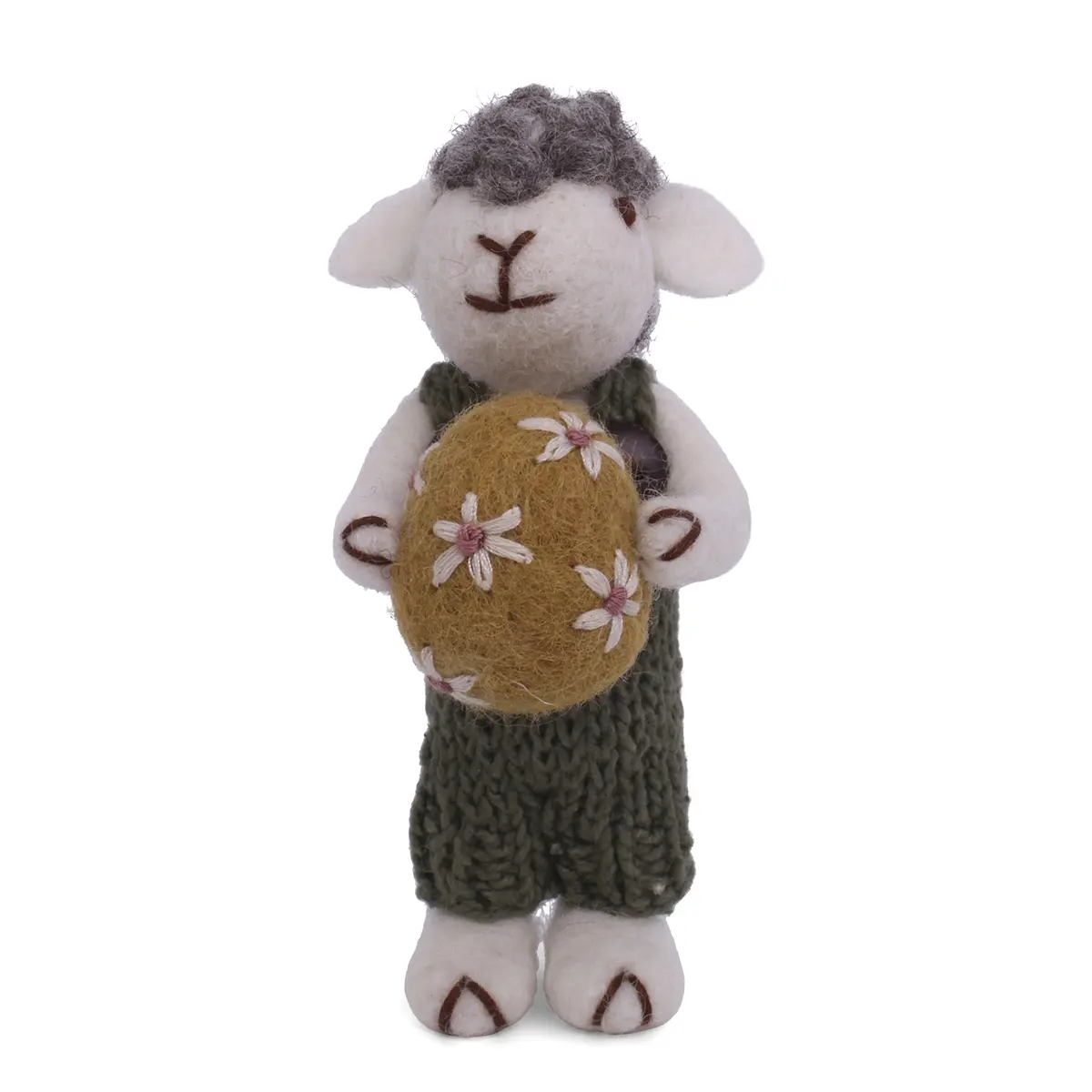 Gry & Sif Schaffamilie „graues Schaf mit grüner Latzhose und Osterei“ H11cm