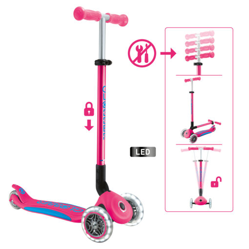 Globber Roller Primo Foldable Plus Lights mit Leuchtrollen – Fuchsia Pink-Hellblau, 3-9 Jahre