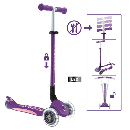 Globber Roller Primo Foldable Plus Lights mit Leuchtrollen – Lila-Pastellrosa, 3-9 Jahre