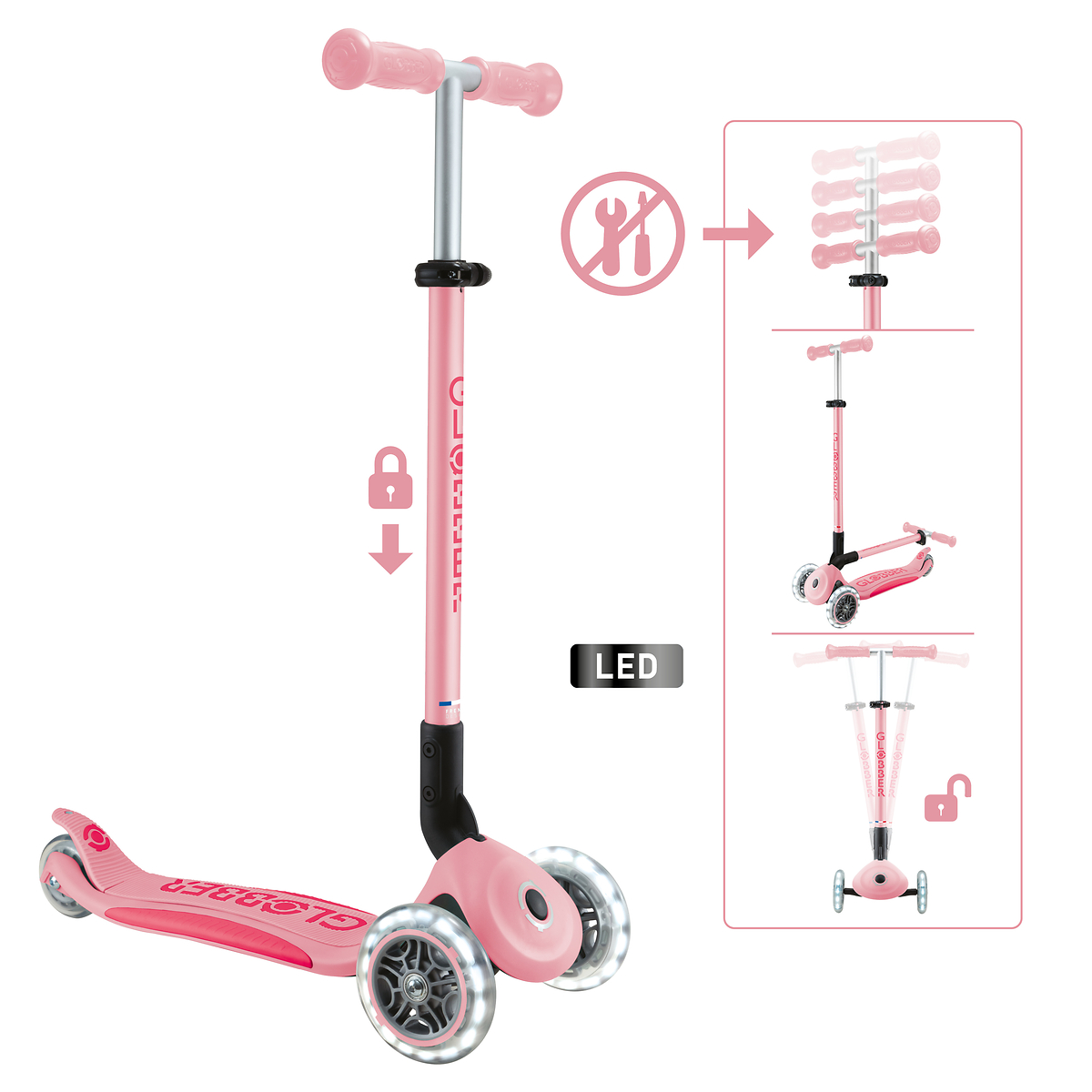 Globber Roller Primo Foldable Plus Lights mit Leuchtrollen – Pastellrosa-Pink