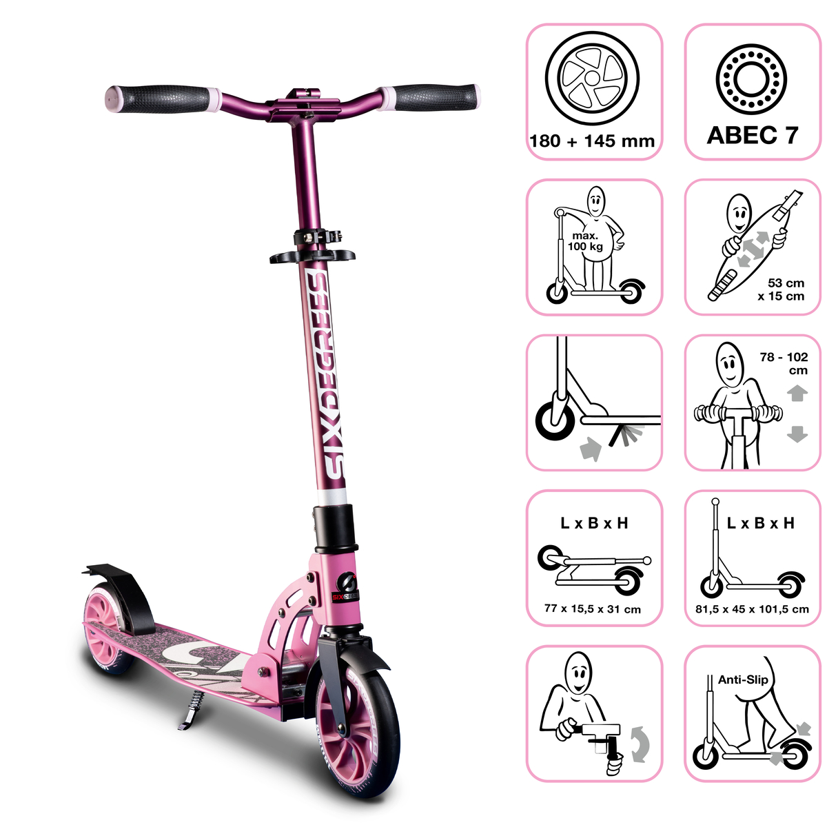 Six Degrees Aluminium Scooter 180/145 mm - Pink
