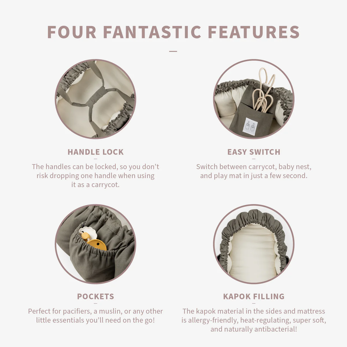 Sebra 3-in-1 Baby Nestchen „Dark olive“, Bio-Kapokfüllung, L72cm