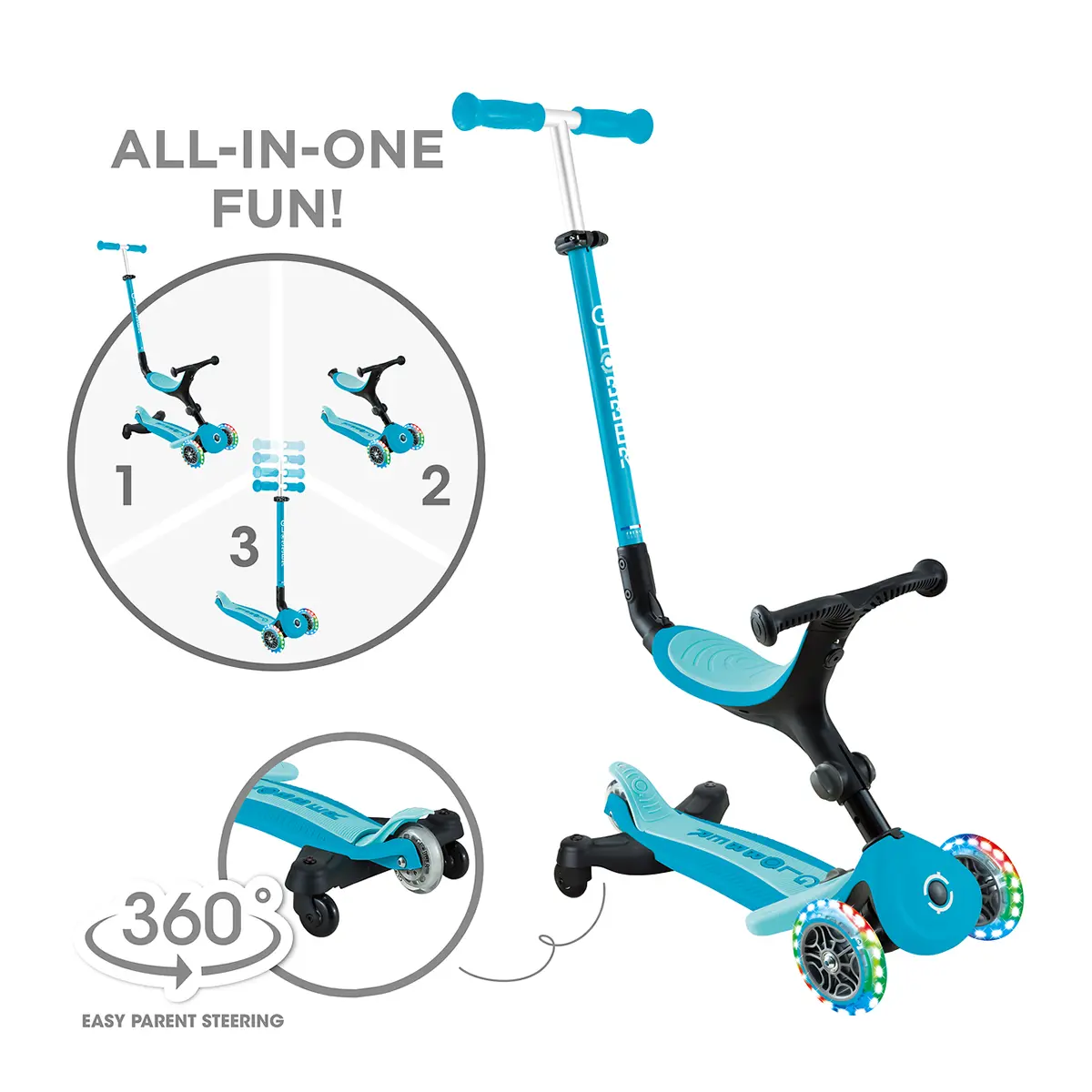 Globber 3-in-1 Roller Go-Up Active Lights 360 Grad mit Leuchtrollen – Blau, Hinterradlenkung, 15M-9J