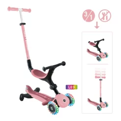 Globber 3-in-1 Roller Go-Up Active Lights 360 Grad mit Leuchtrollen – Pastellrosa, Hinterradlenkung, 15M-9J