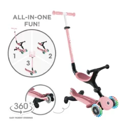 Globber 3-in-1 Roller Go-Up Active Lights 360 Grad mit Leuchtrollen – Pastellrosa, Hinterradlenkung, 15M-9J