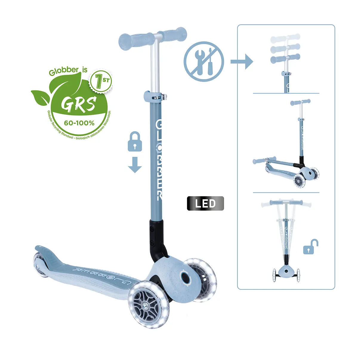 Globber Roller Primo Foldable Plus Lights ECO mit Leuchtrollen – Blaubeere, 3-9 Jahre