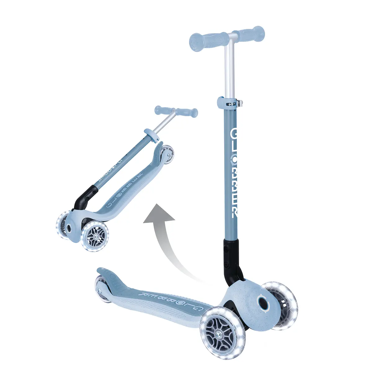 Globber Roller Primo Foldable Plus Lights ECO mit Leuchtrollen – Blaubeere, 3-9 Jahre