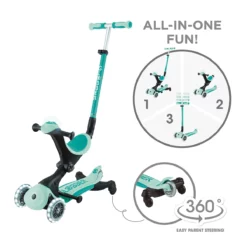 Globber 3-in-1 Roller Go-Up Deluxe Lights 360 Grad mit Leuchtrollen – Mint, Hinterradlenkung, 15M-9J