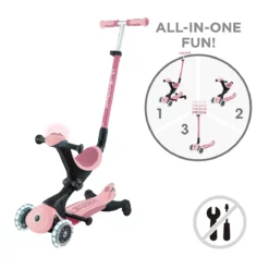 Globber 3-in-1 Roller Go-Up Deluxe Lights 360 Grad mit Leuchtrollen – Pastellrosa, Hinterradlenkung, 15M-9J