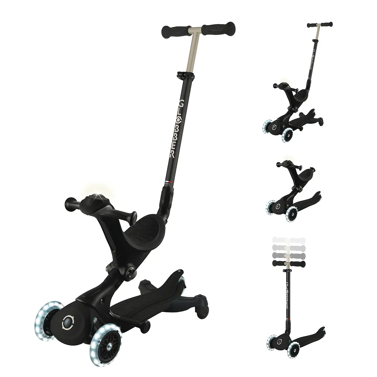 Globber 3-in-1 Roller Go-Up Deluxe Lights 360 Grad mit Leuchtrollen – Schwarz, Hinterradlenkung, 15M-9J