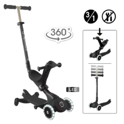 Globber 3-in-1 Roller Go-Up Deluxe Lights 360 Grad mit Leuchtrollen – Schwarz, Hinterradlenkung, 15M-9J