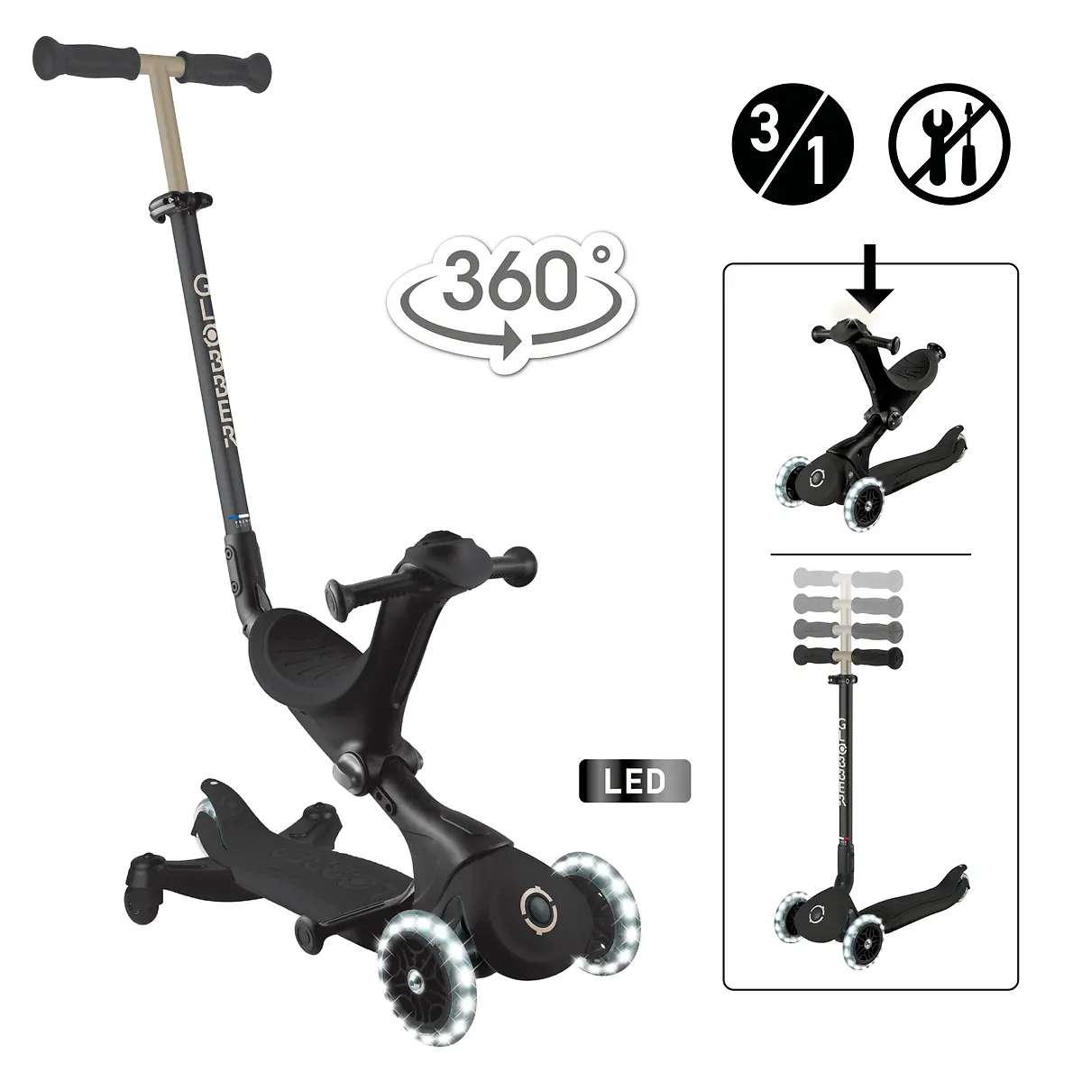 Globber 3-in-1 Roller Go-Up Deluxe Lights 360 Grad mit Leuchtrollen – Schwarz, Hinterradlenkung, 15M-9J