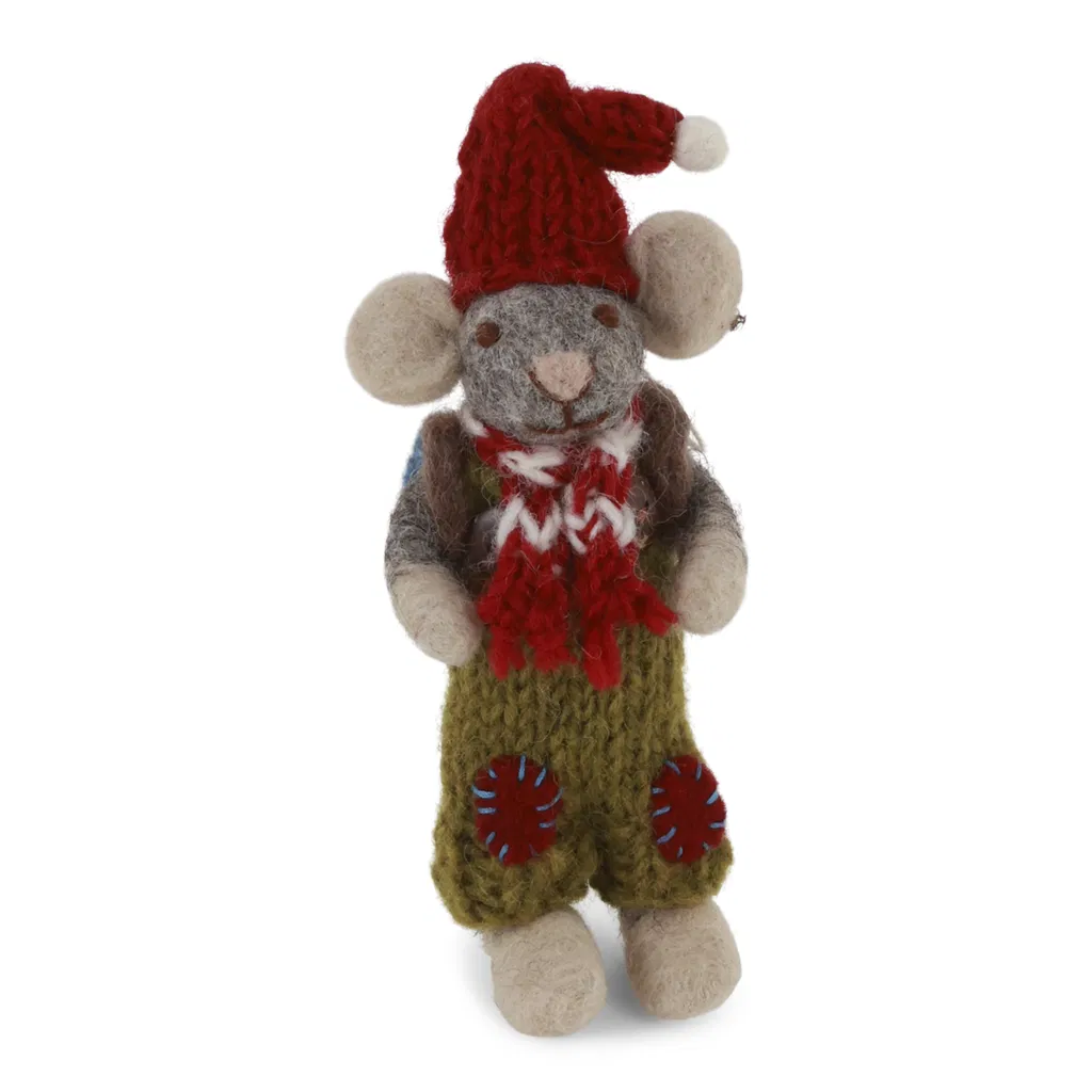 Gry & Sif Weihnachtsmaus „graue Maus / Junge mit Latzhose und Rucksack“ 12cm