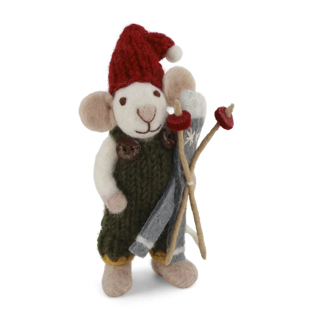 Gry & Sif Weihnachtsmaus „Junge weiße Maus / Ski und grüne Hose“ 12cm