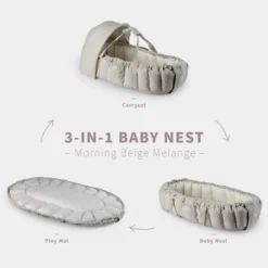 Sebra 3-in-1 Baby Nestchen mit Verdeck „Beige melange“, Bio-Kapokfüllung, L72cm