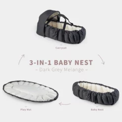 Sebra 3-in-1 Baby Nestchen mit Verdeck „Grey melange“, Bio-Kapokfüllung, L72cm