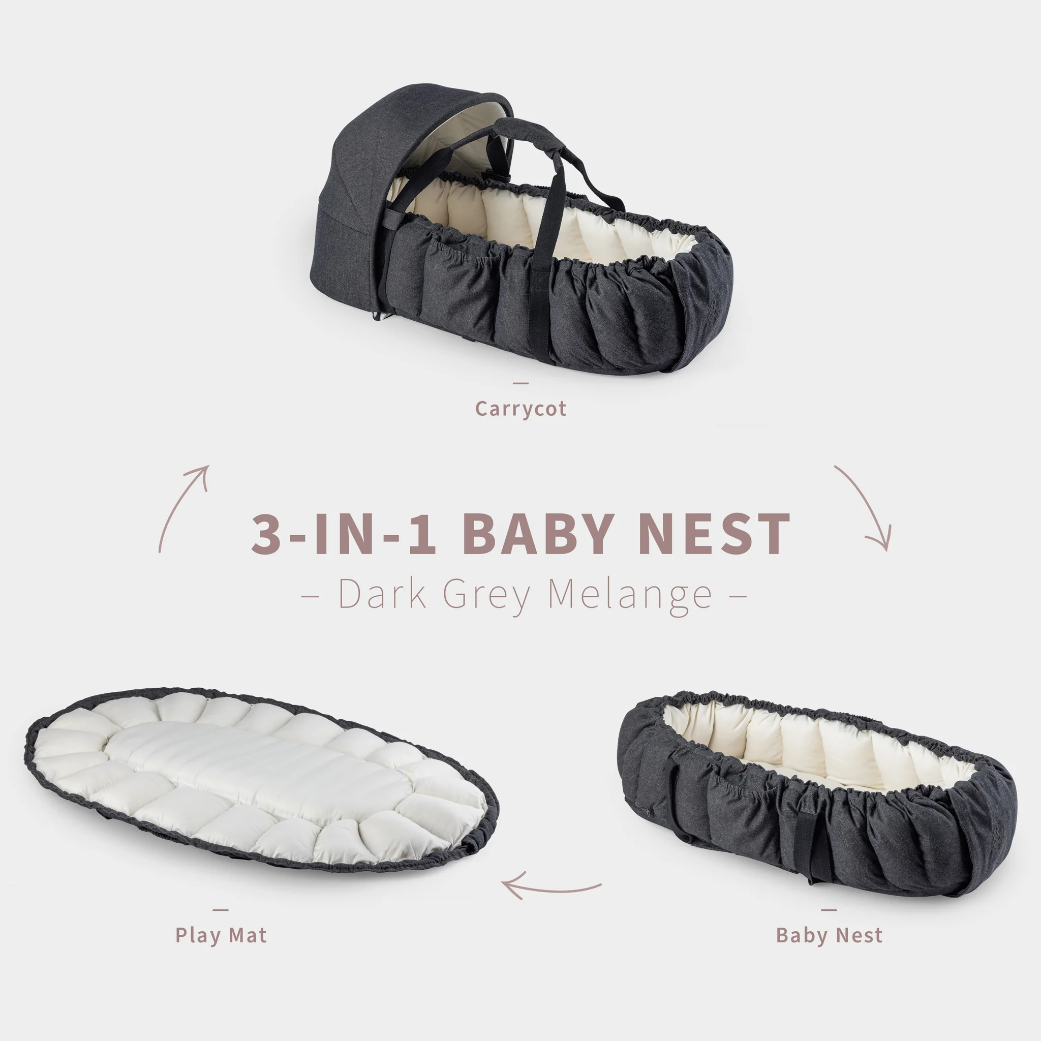 Sebra 3-in-1 Baby Nestchen mit Verdeck „Grey melange“, Bio-Kapokfüllung, L72cm