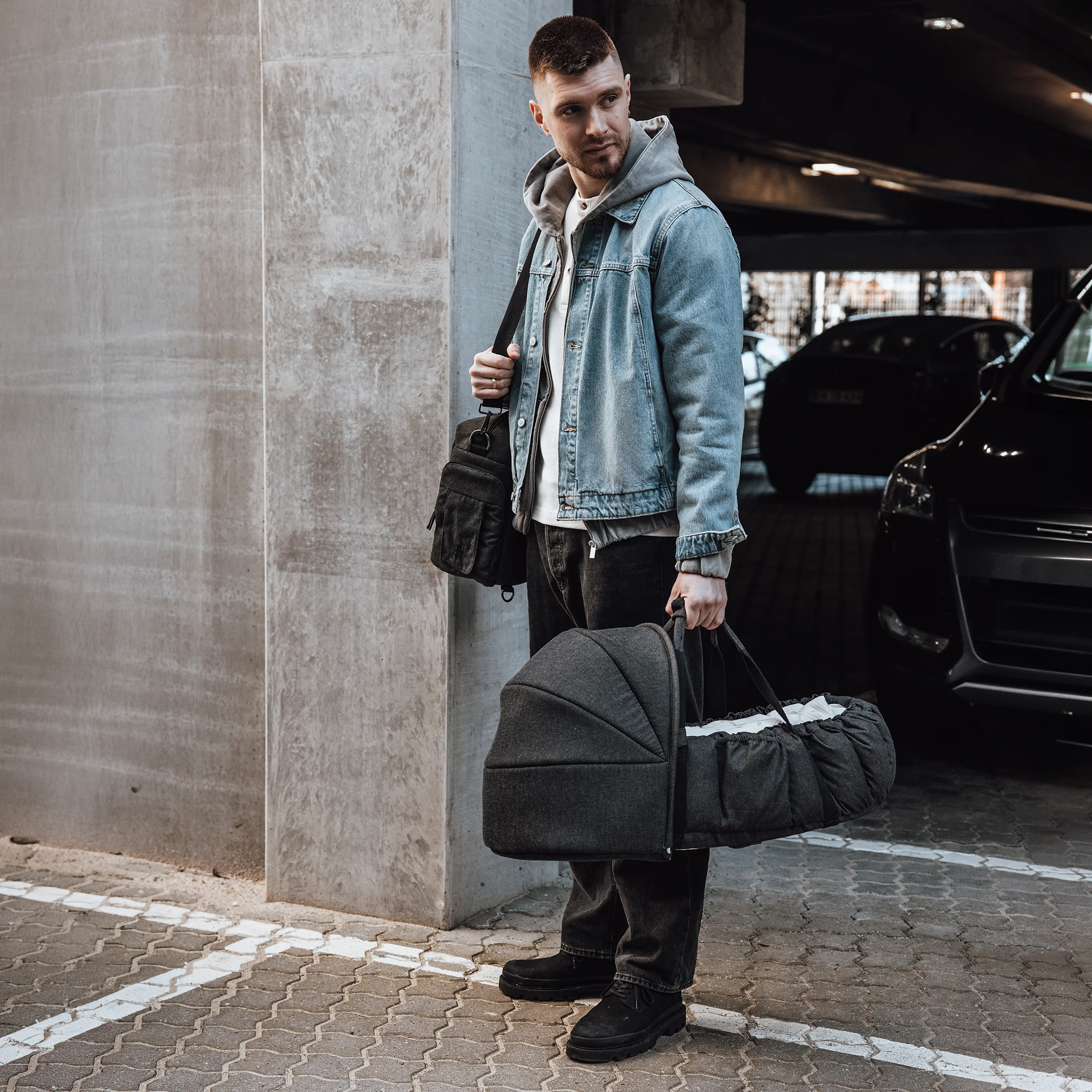 Sebra 3-in-1 Baby Nestchen mit Verdeck „Grey melange“, Bio-Kapokfüllung, L72cm
