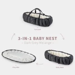 Sebra 3-in-1 Baby Nestchen „Grey melan“, Bio-Kapokfüllung, L72cm