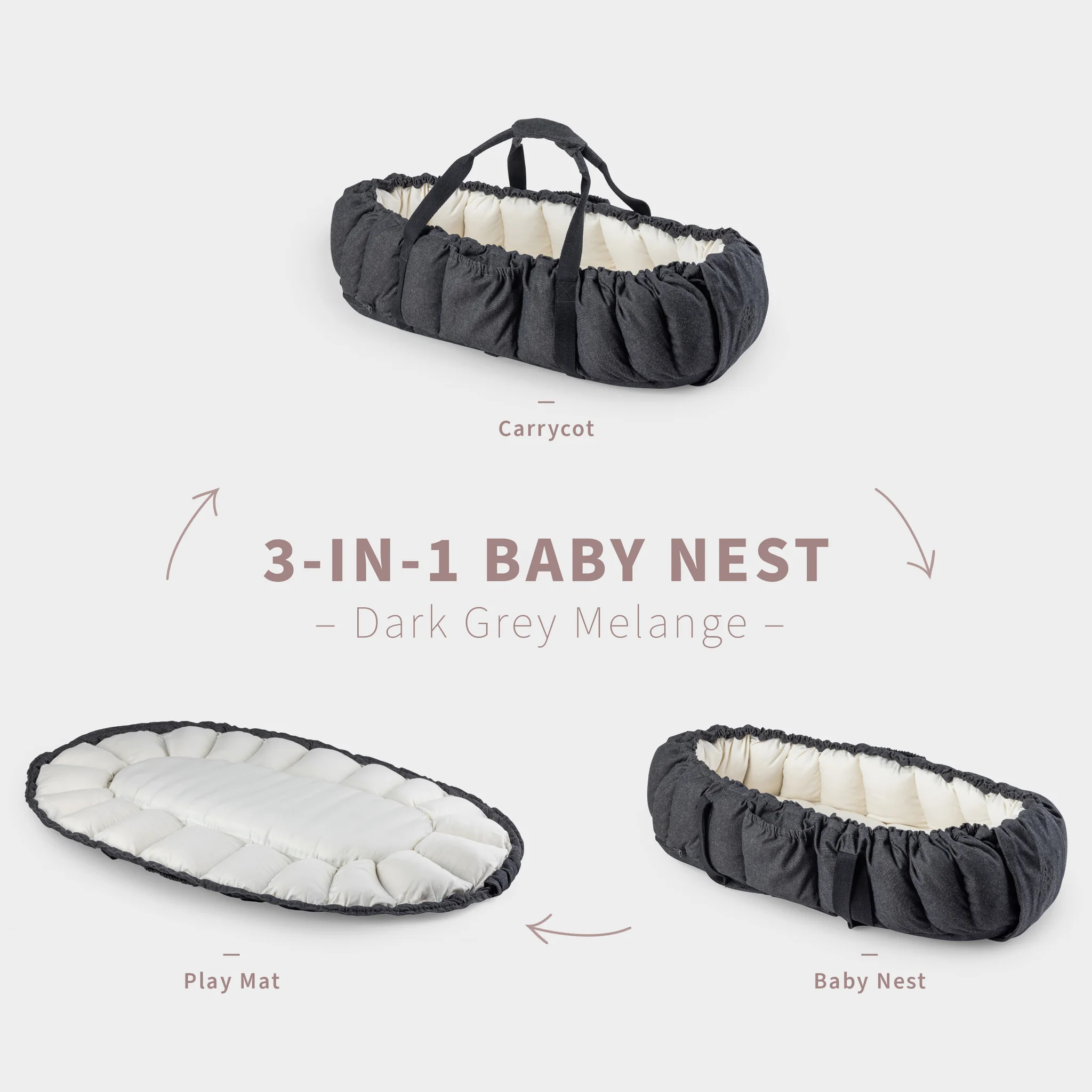 Sebra 3-in-1 Baby Nestchen „Grey melan“, Bio-Kapokfüllung, L72cm