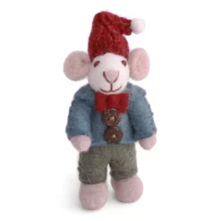 Weiße Gry & Sif Weihnachtsmaus mit blauer Jacke, roter Fliege und Weihnachtsmütze, 8 cm
