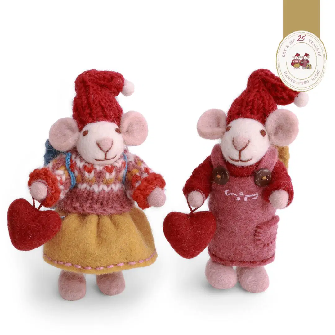 Gry & Sif Weihnachtsmaus „weiße Jubiläumsmäuse mit Herzen, 2er-Set“ 12cm – Herstellerbild 1