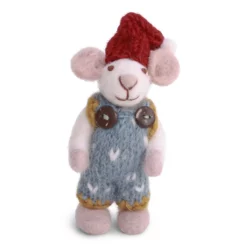 Weiße Gry & Sif Weihnachtsmaus mit blaugrauer Stricklatzhose und roter Weihnachtsmütze, 8 cm