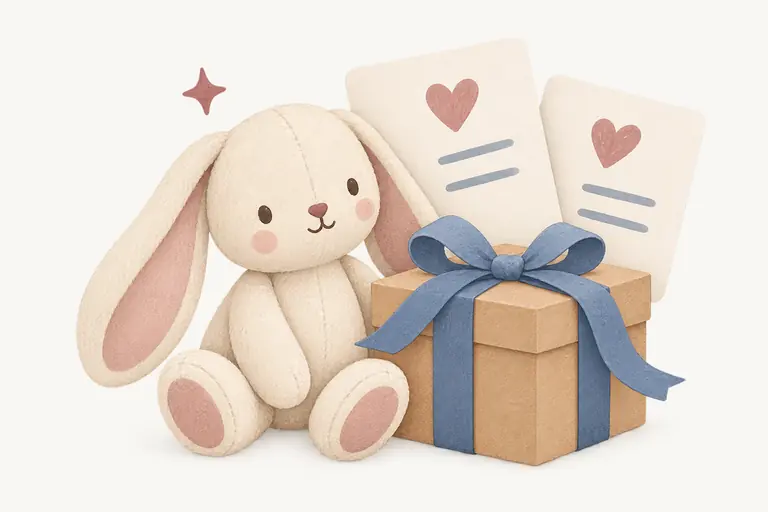 Kleiner Kuschelhase mit Geschenk und Wunschzetteln.