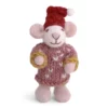 Weiße Gry & Sif Weihnachtsmaus mit rosafarbenem Strickkleid und roter Weihnachtsmütze, 8 cm